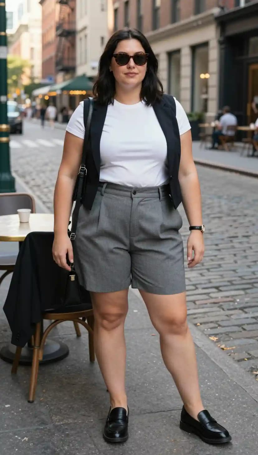 White T-Shirt + Black Vest + Grey Tailored Shorts + Black Loafers