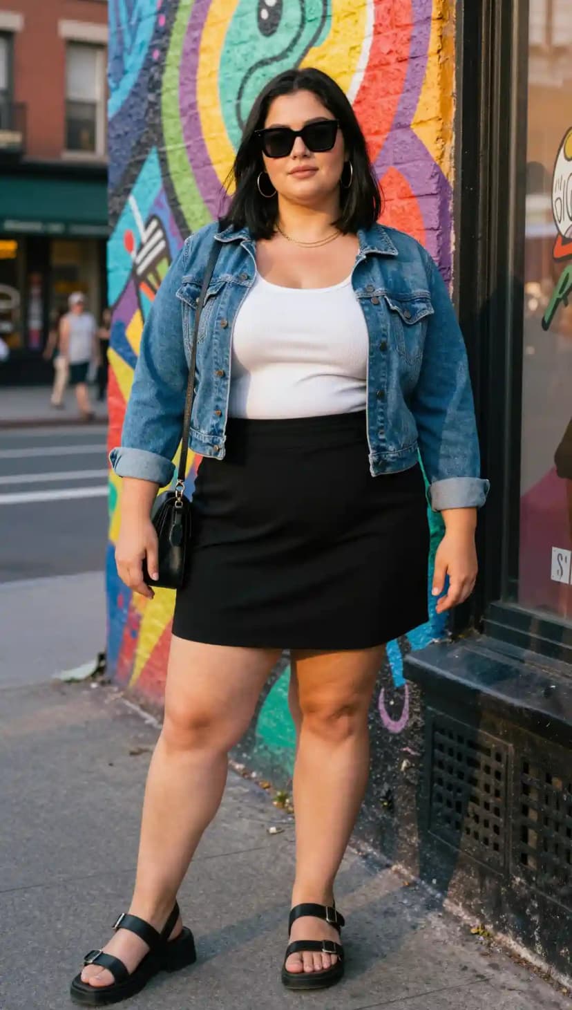 Denim Jacket + White Ribbed Tank Top + Black Mini Skirt