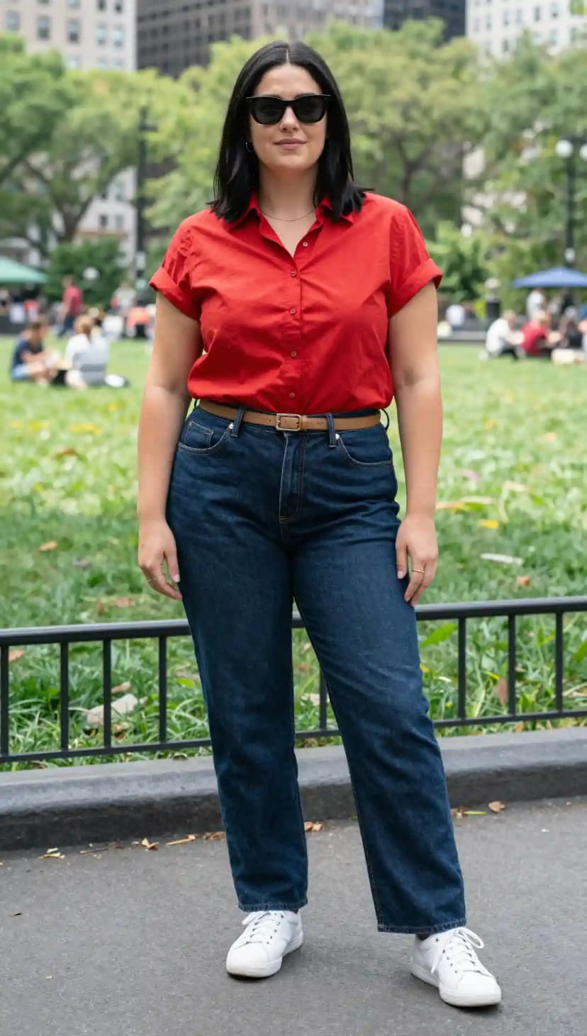 Red Button-Up Shirt + Dark Wash Jeans + Brown Belt + White Sneakers