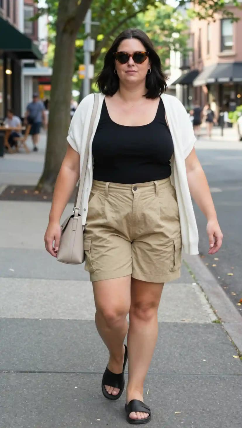 Black Tank Top + Khaki Cargo Shorts + White Cardigan