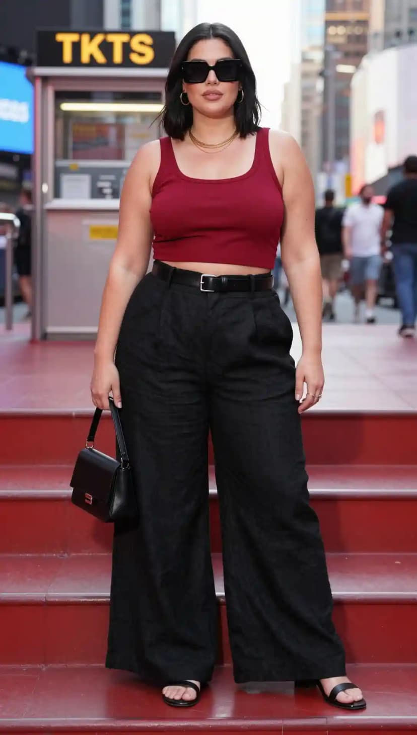 Burgundy Ribbed Tank Top + Black Wide-Leg Trousers + Black Leather Shoulder Bag