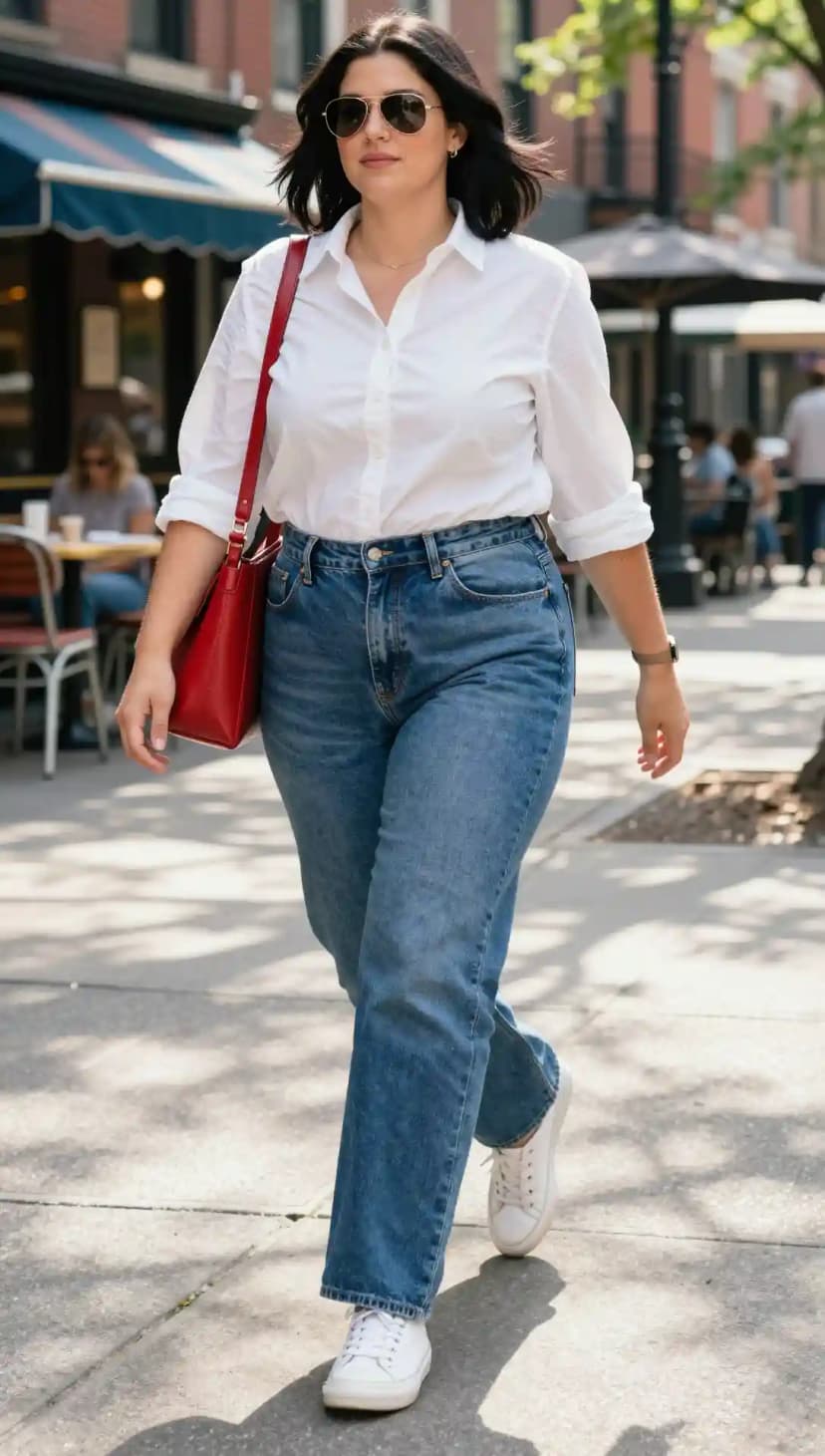 Crisp White Button-Up + Classic Blue Jeans + Red Shoulder Bag