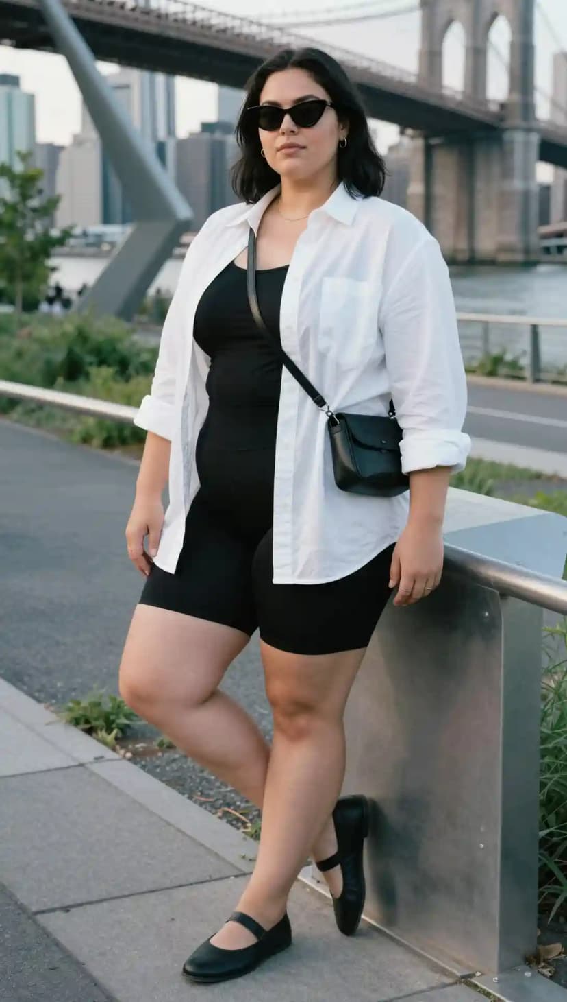 Black Bodysuit + Black Bike Shorts + Oversized White Button-Up Shirt