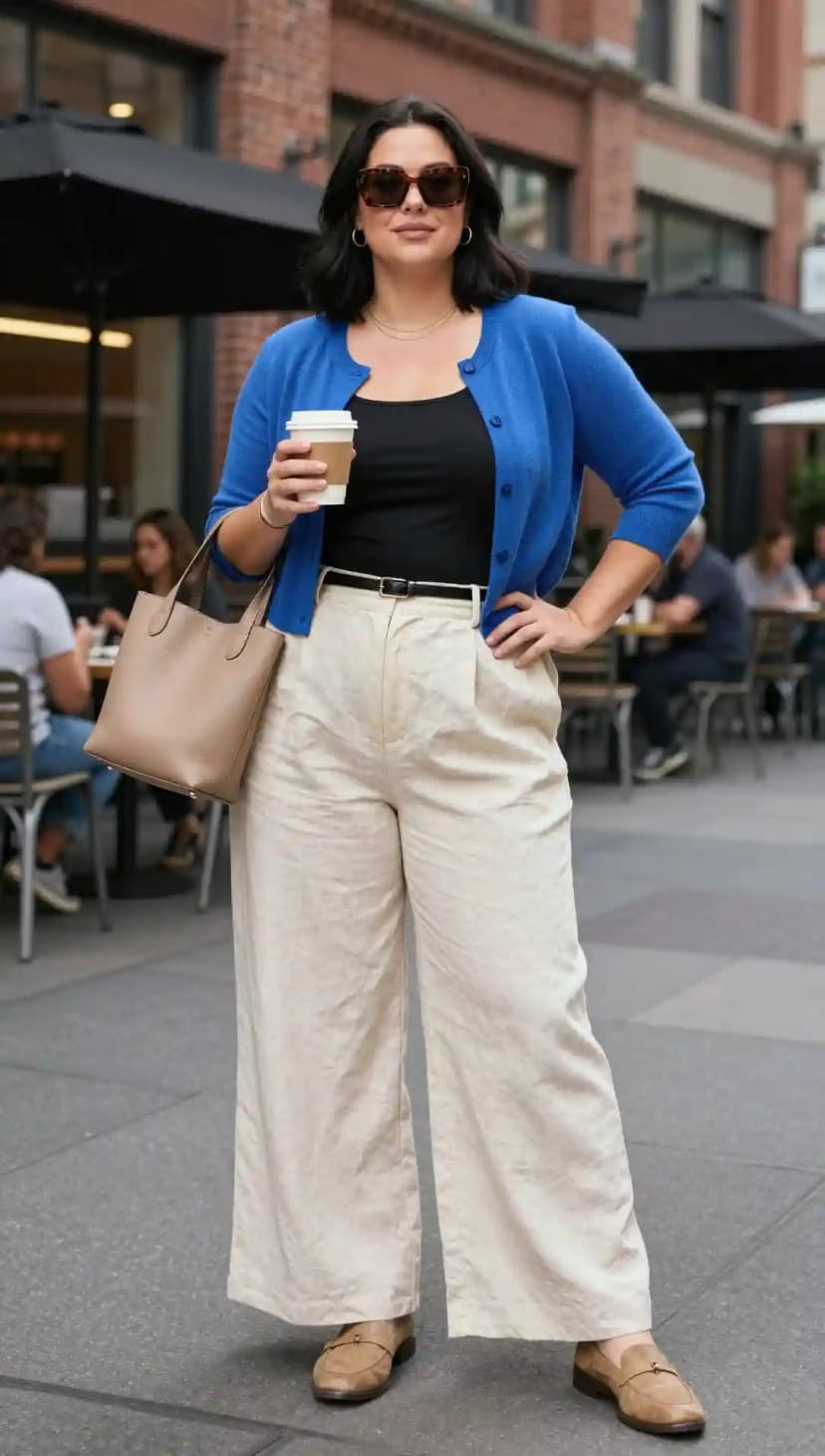 Blue Cardigan + Black Ribbed Tank Top + Cream Wide-Leg Pants + Black Belt