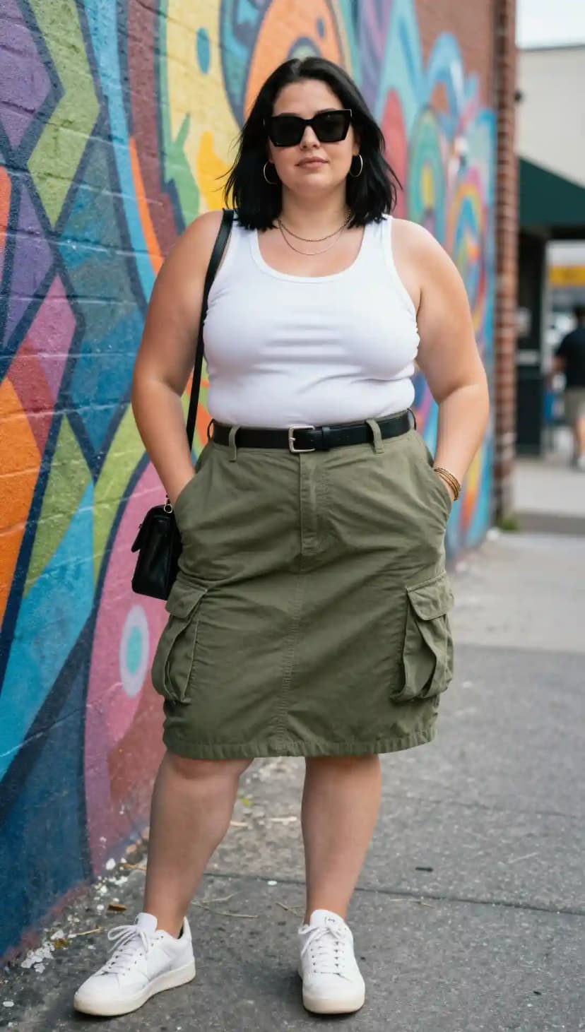White Ribbed Tank Top + Olive Cargo Skirt + Black Leather Belt + White Sneakers