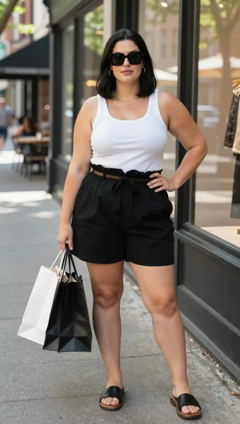 White Ribbed Tank Top + Black Paperbag Waist Shorts + Black Slide Sandals