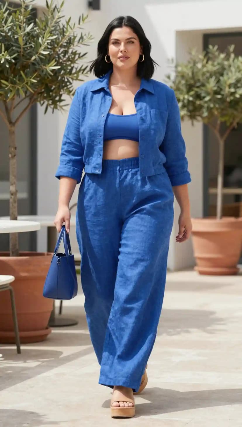 Blue Linen Crop Shirt + Blue Linen Wide Leg Pants + Blue Bra Top
