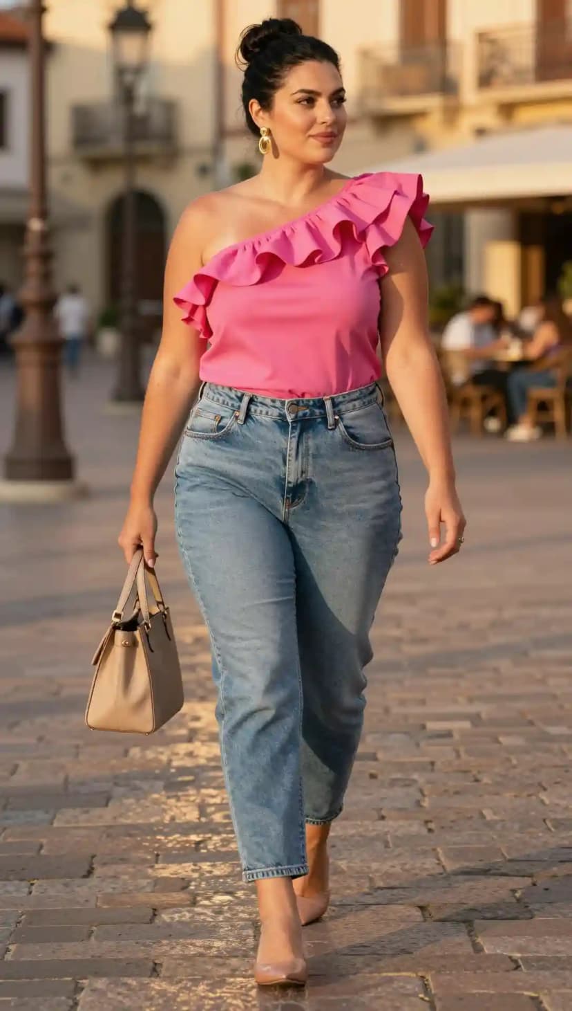 Pink Ruffle One-Shoulder Top + Light Wash Denim Jeans + Nude Pointed Heels