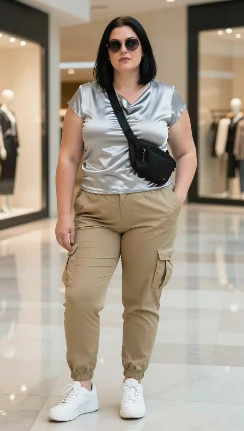 Silver Satin Cowl Neck Top + Khaki Cotton Cargo Pants