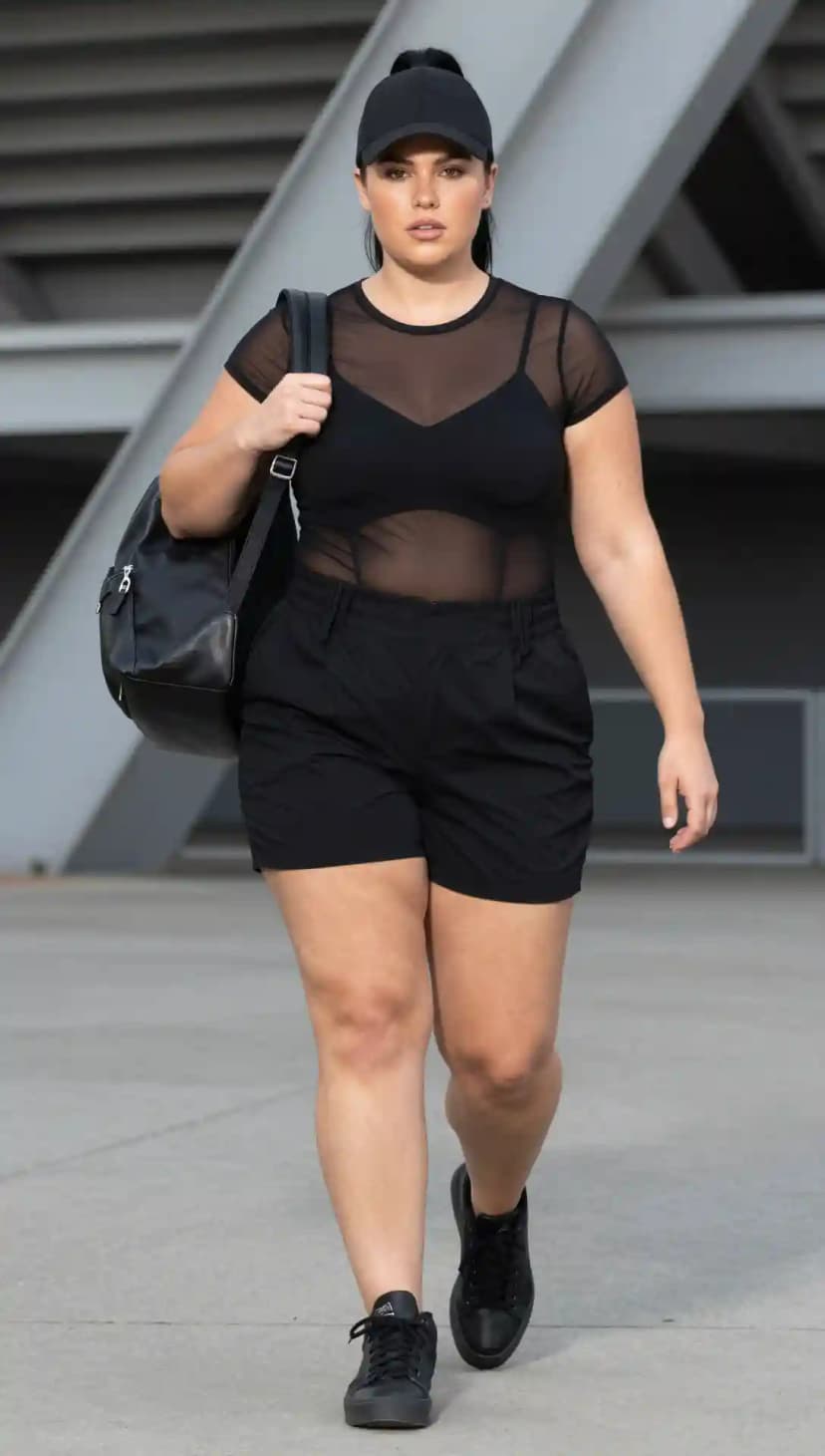 Black Mesh Sheer Top + Black Cotton Shorts + Black Leather Sneakers