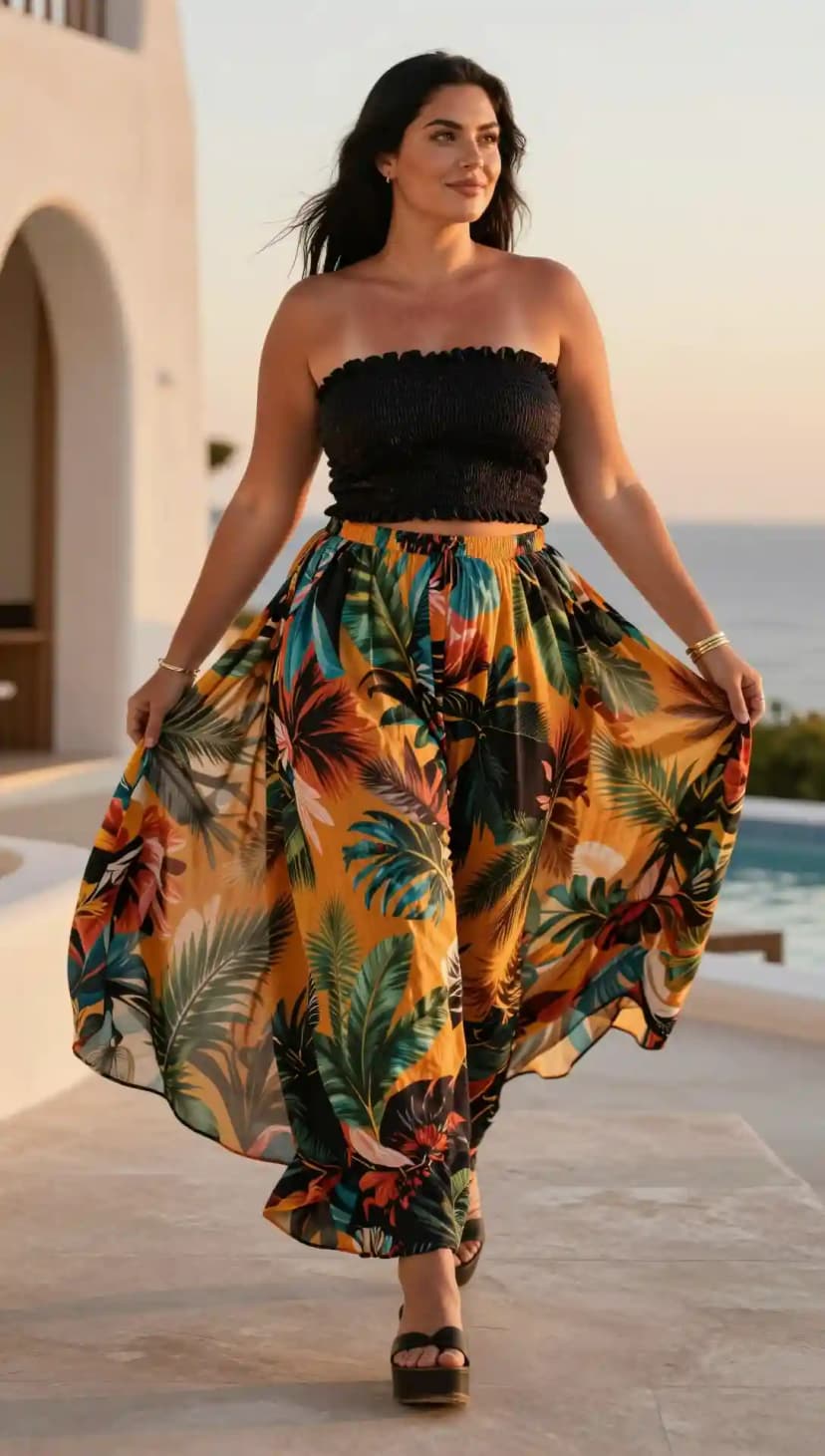 Black Smocked Tube Top + Orange Tropical Print Maxi Skirt
