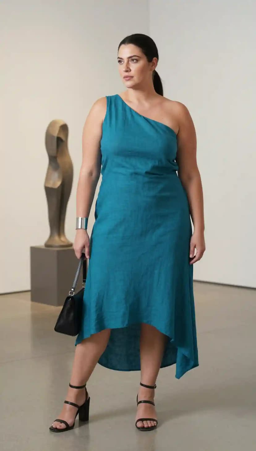 Teal Linen One-Shoulder Dress