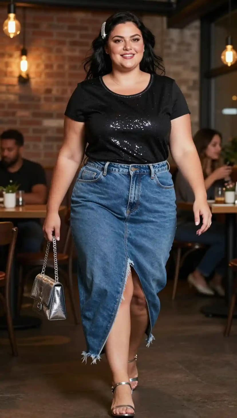 Black Sequin Top + Blue Denim Midi Skirt + Silver Metallic Heels