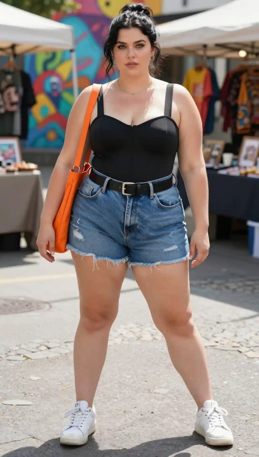 Black Corset Top + Blue Denim Shorts