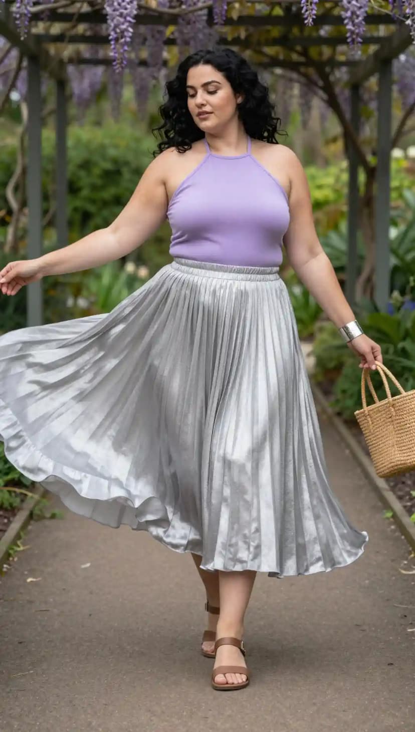 Lavender Ribbed Knit Halter Top + Silver Satin Pleated Midi Skirt