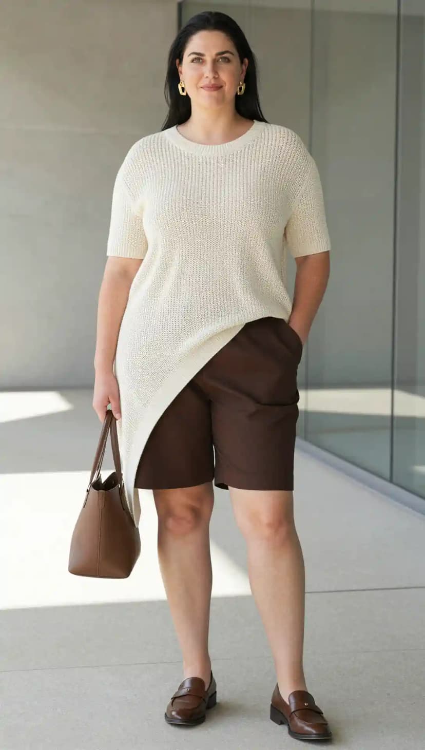 Cream Knit Sweater + Brown Linen Shorts + Brown Leather Loafers