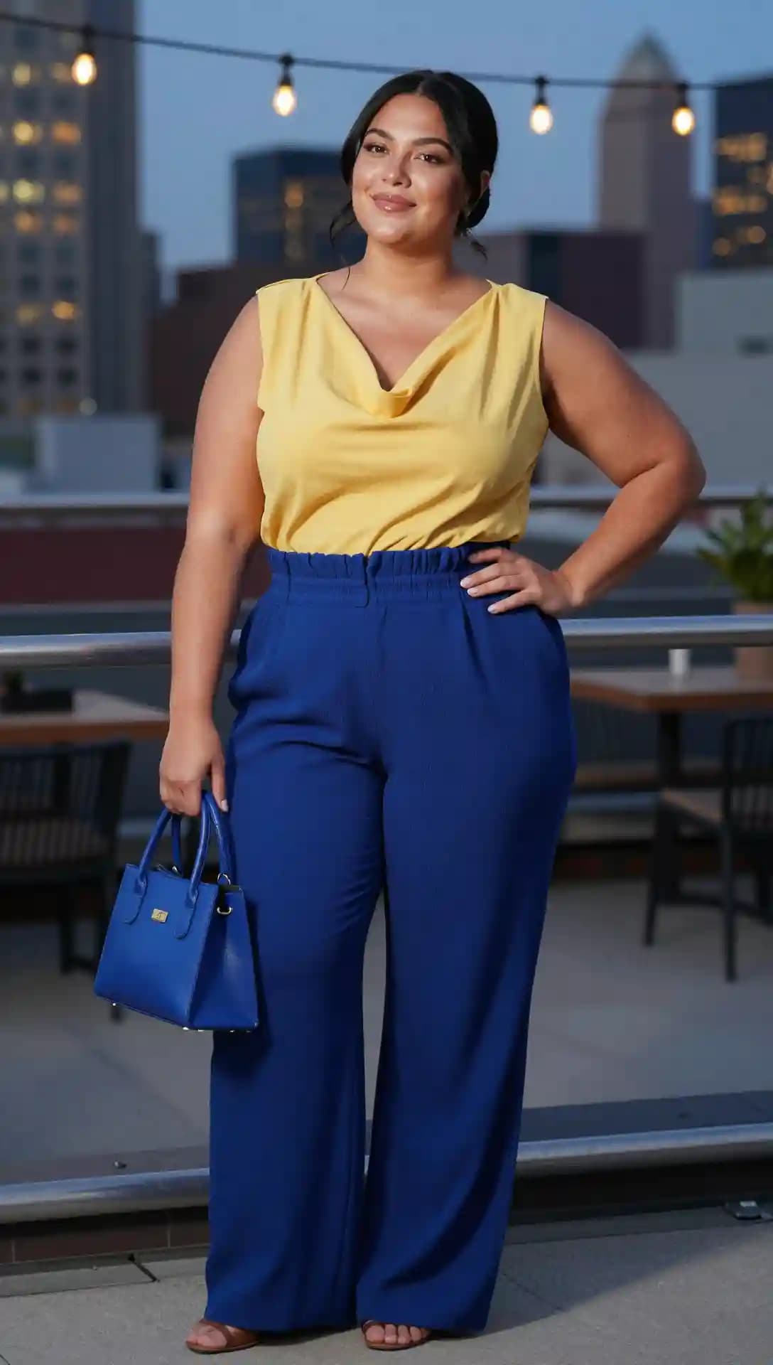 Yellow Cowl Neck Top + Royal Blue Wide-Leg Pants