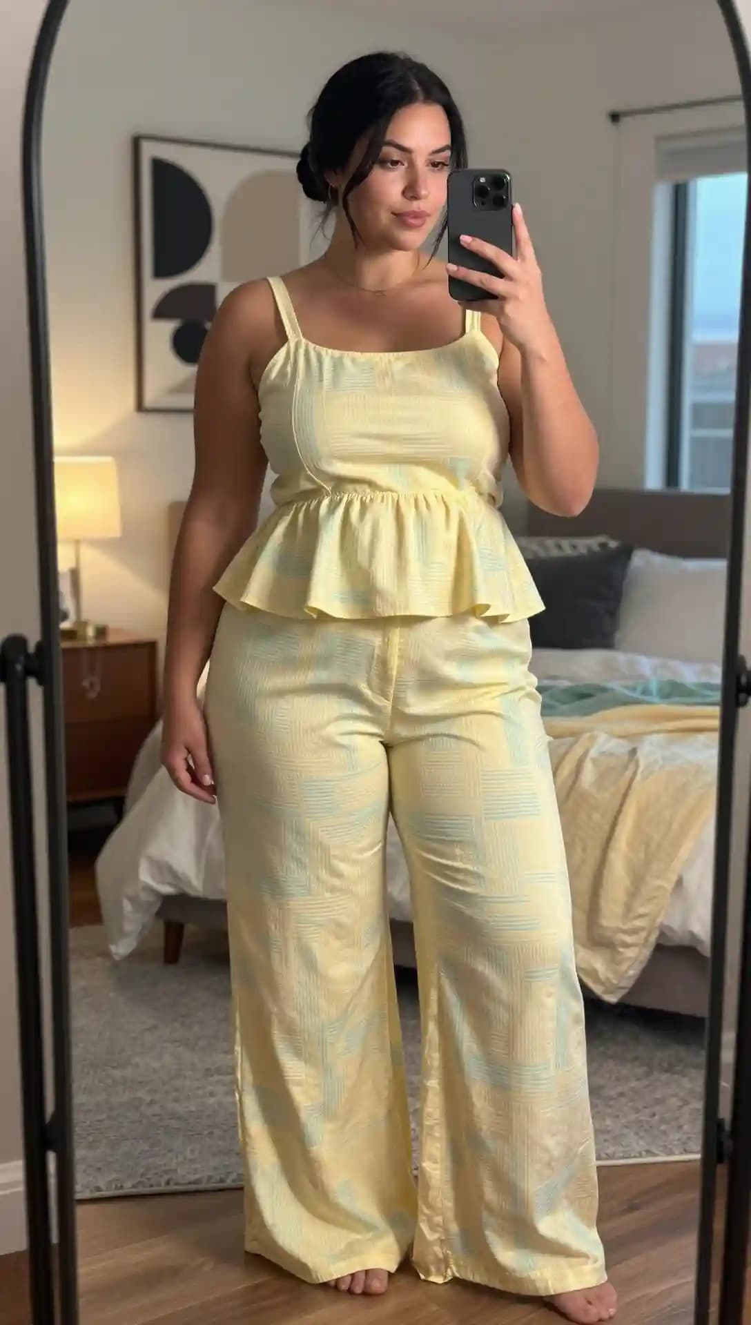 Pale Yellow Plaid Peplum Top + Pale Yellow Plaid Wide-Leg Pants
