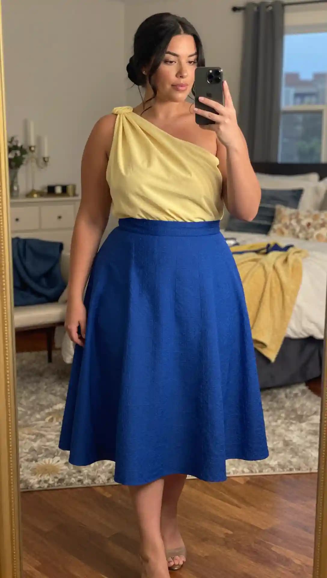 Yellow One-Shoulder Top + Royal Blue Textured Skirt