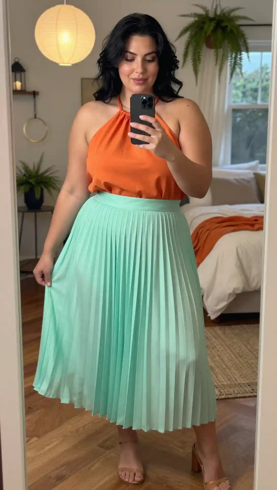 Orange Halter Top + Mint Pleated Midi Skirt