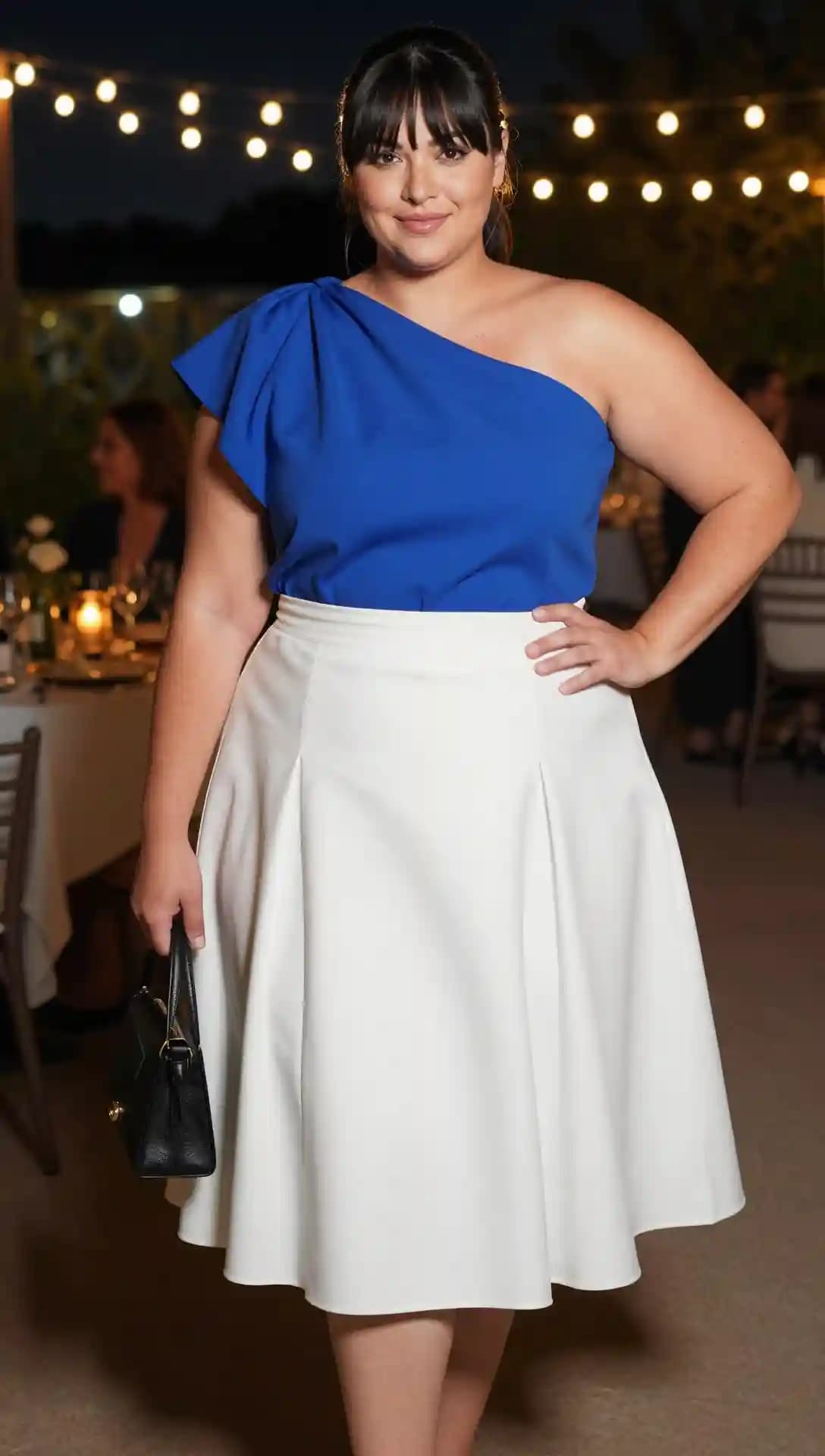 Royal Blue One-Shoulder Top + White Pleated Midi Skirt