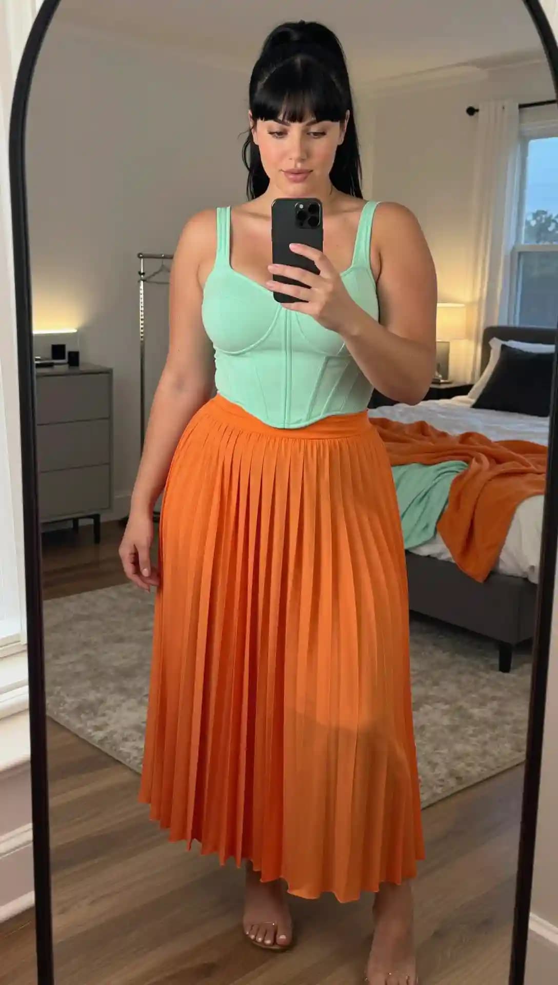 Mint Corset Top + Orange Pleated Midi Skirt