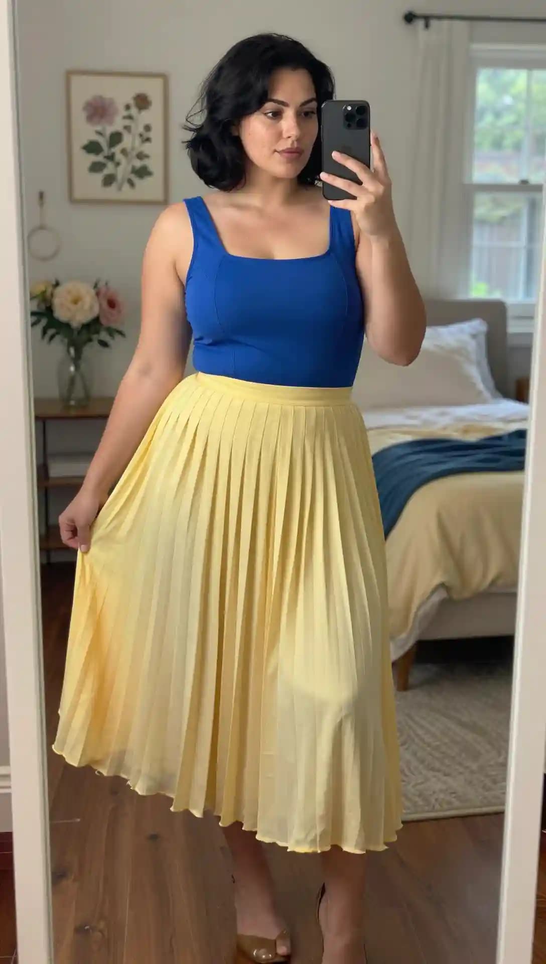 Royal Blue Square-Neck Top + Yellow Pleated Midi Skirt