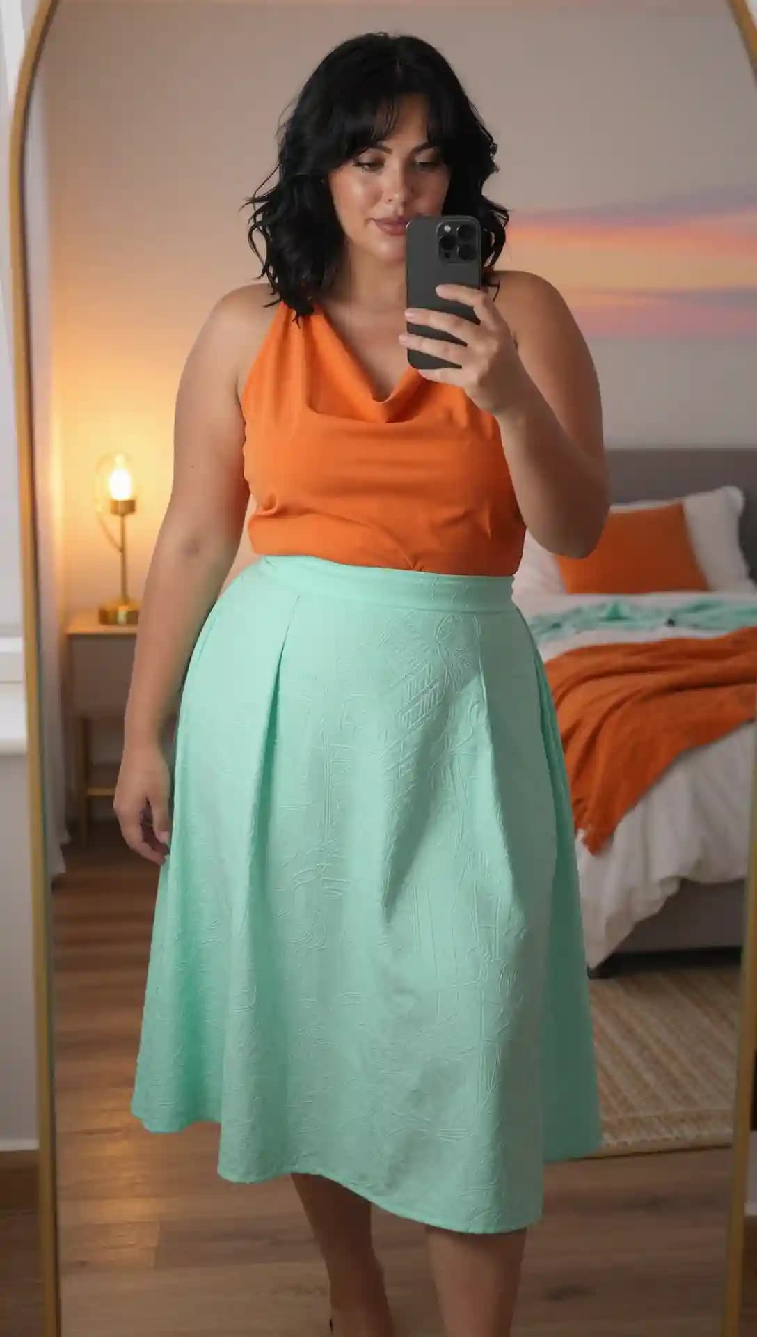 Orange Cowl Neck Top + Mint Textured Midi Skirt
