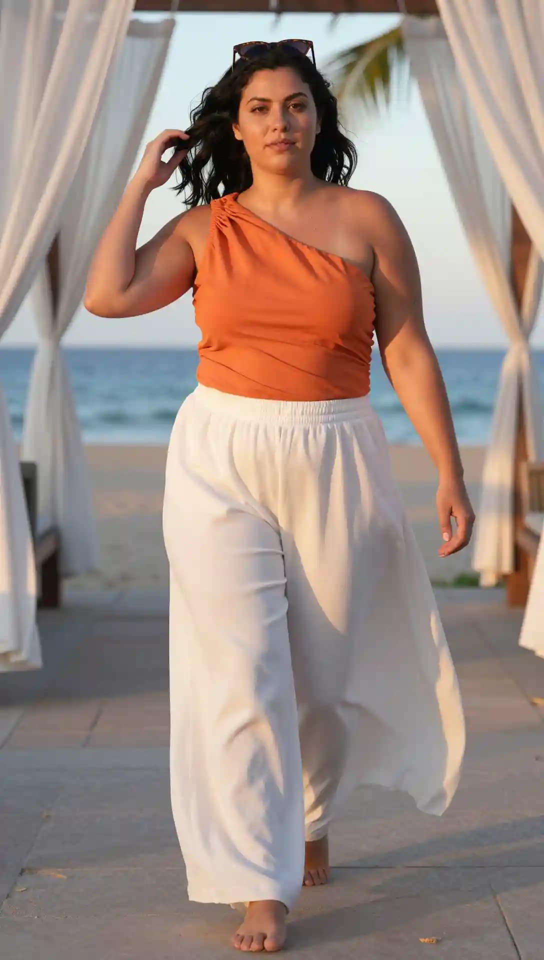 Orange One-Shoulder Top + White Wide-Leg Pants