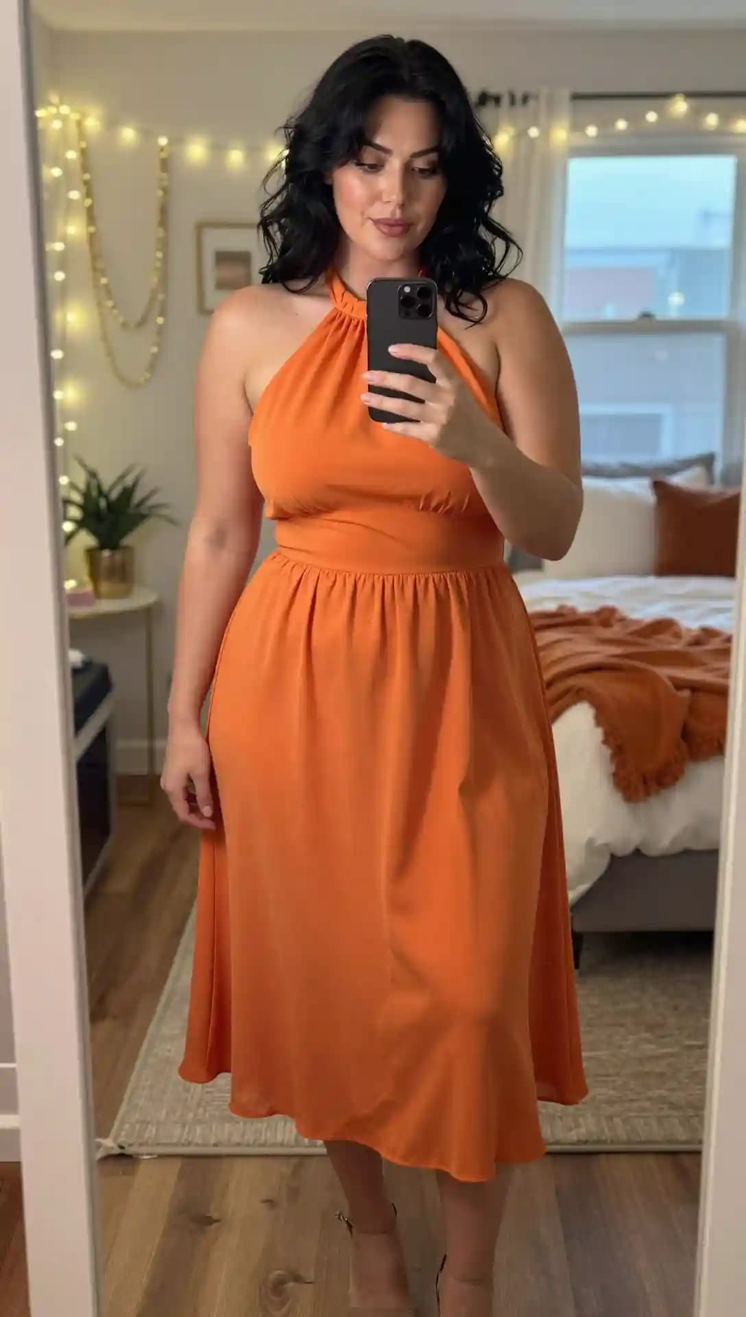 Orange Halter Neck Midi Dress