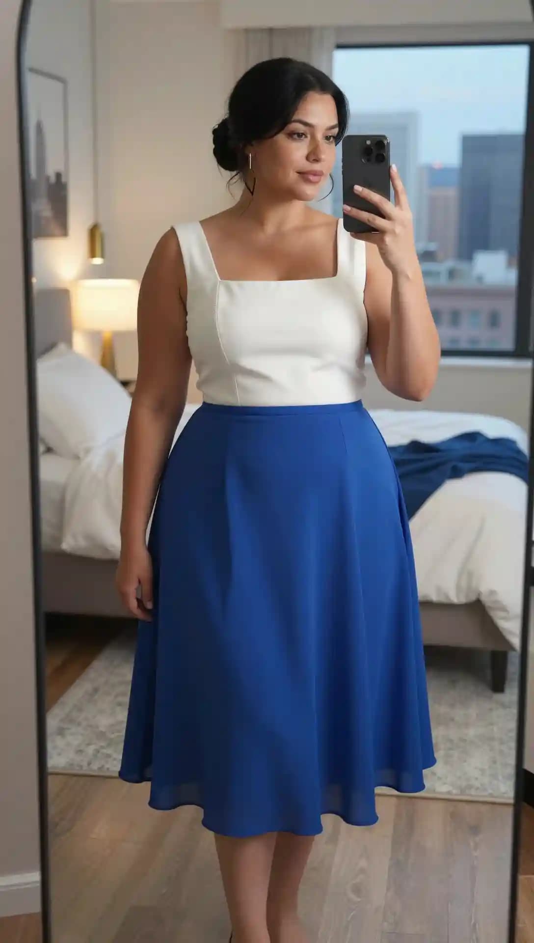 White Square-Neck Top + Royal Blue A-Line Skirt