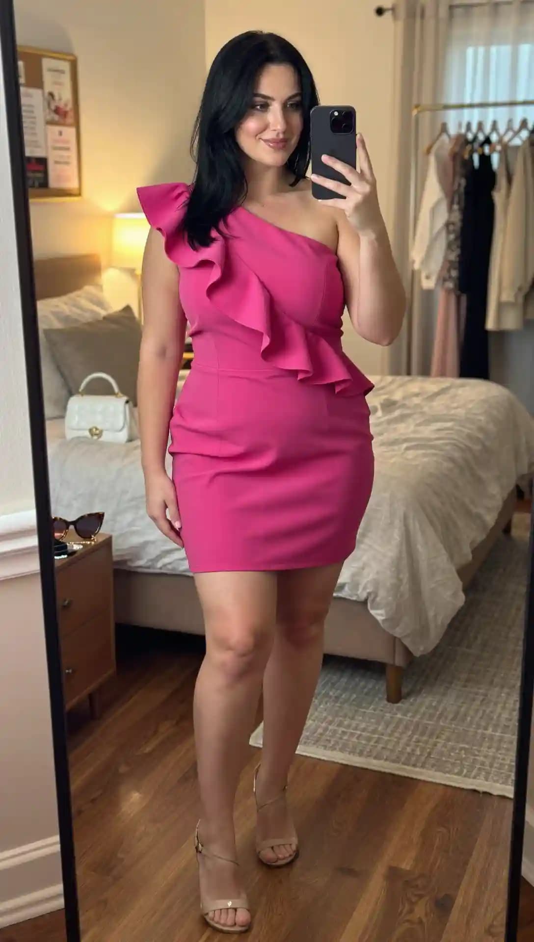 Hot Pink Ruffle One-Shoulder Dress