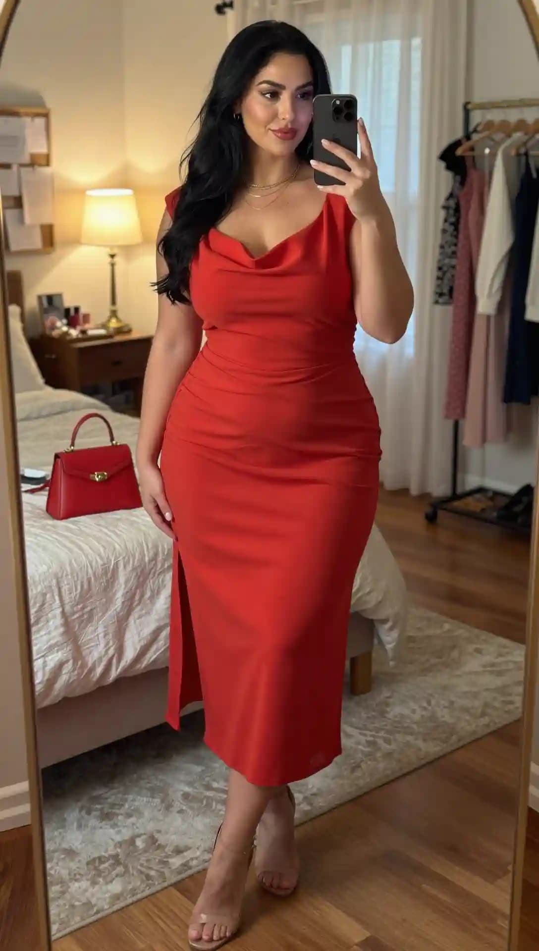 Red Cowl-Neck Ruched Midi Dress