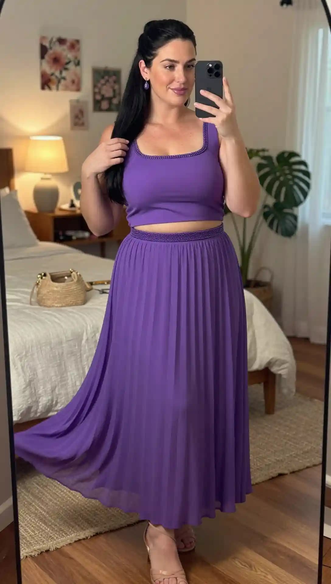 Purple Beaded Crop Top + Purple Pleated Skirt