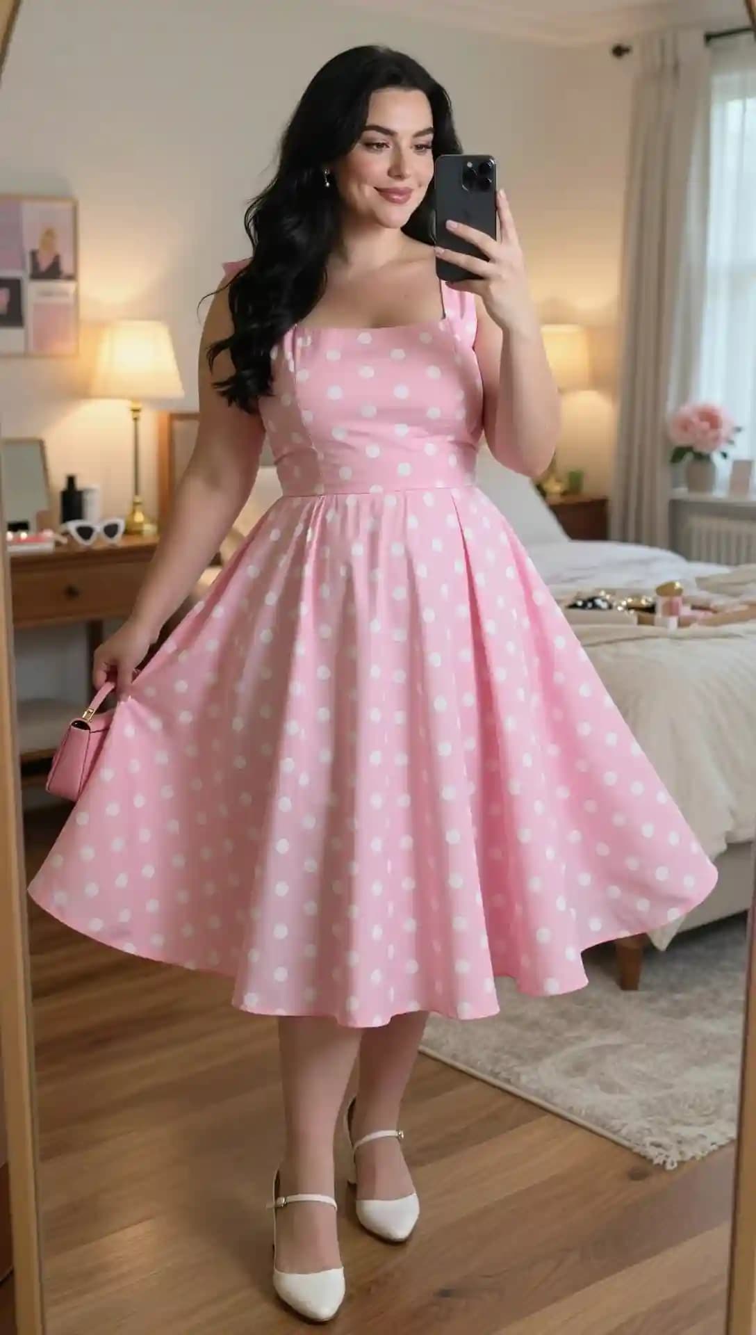 Pink Polka-Dot Midi Dress