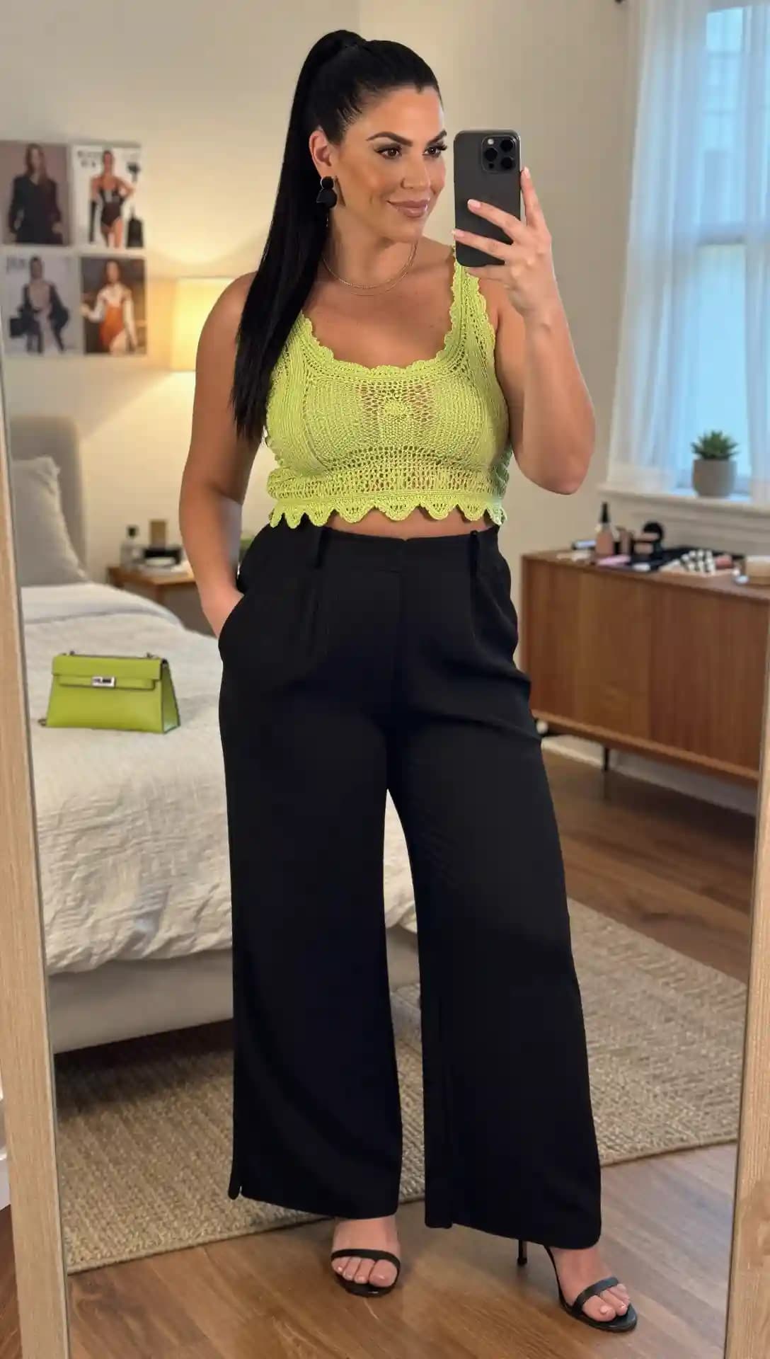Lime Green Crochet Crop Top + Black Wide-Leg Pants