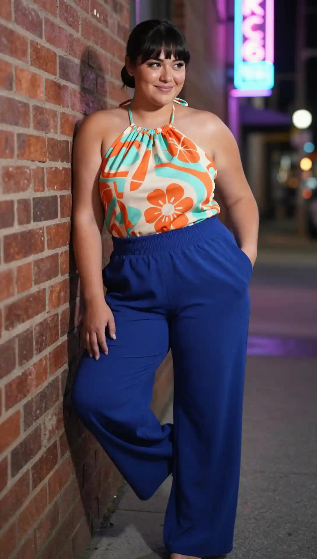 Floral Halter Top + Royal Blue Wide-Leg Pants