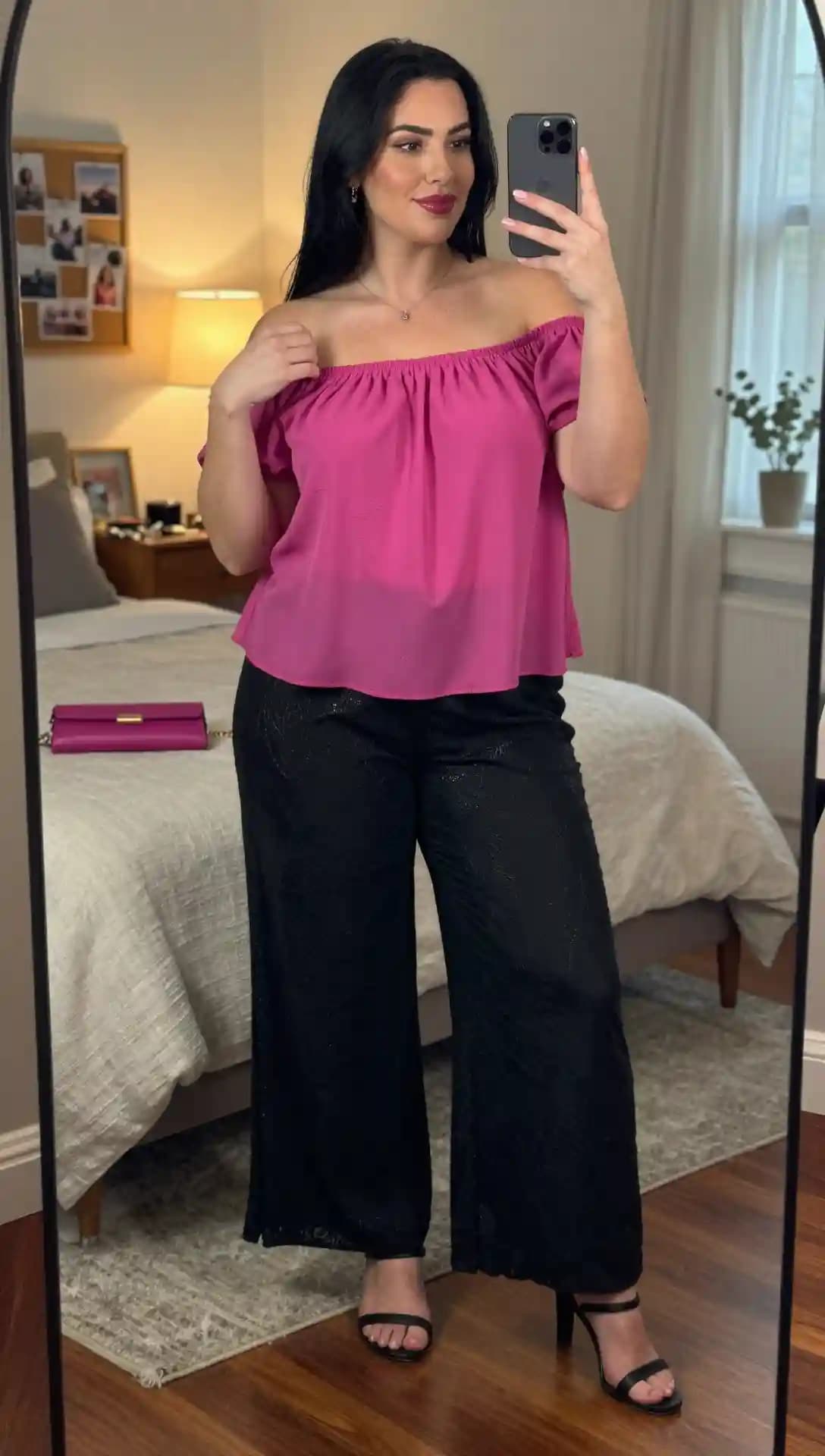Pink Off-the-Shoulder Top + Black Wide-Leg Pants