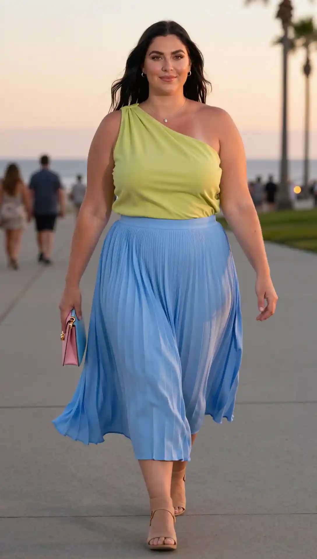 Lime Green One-Shoulder Top + Blue Pleated Midi Skirt