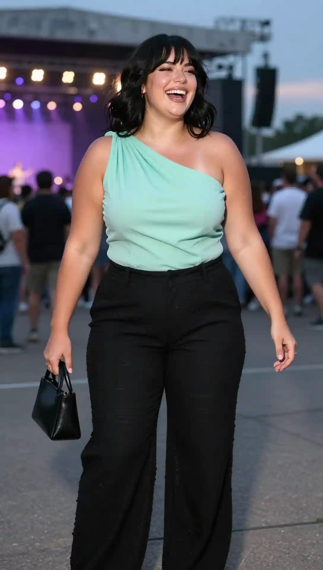 Mint One-Shoulder Top + Black Textured Wide-Leg Pants
