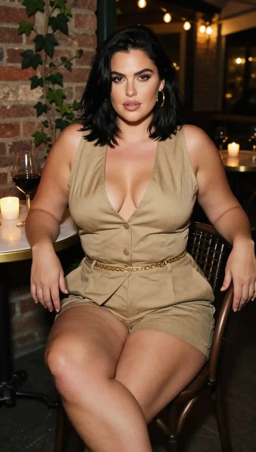 Tan Linen Vest + Tan Linen Shorts + Gold Chain Belt