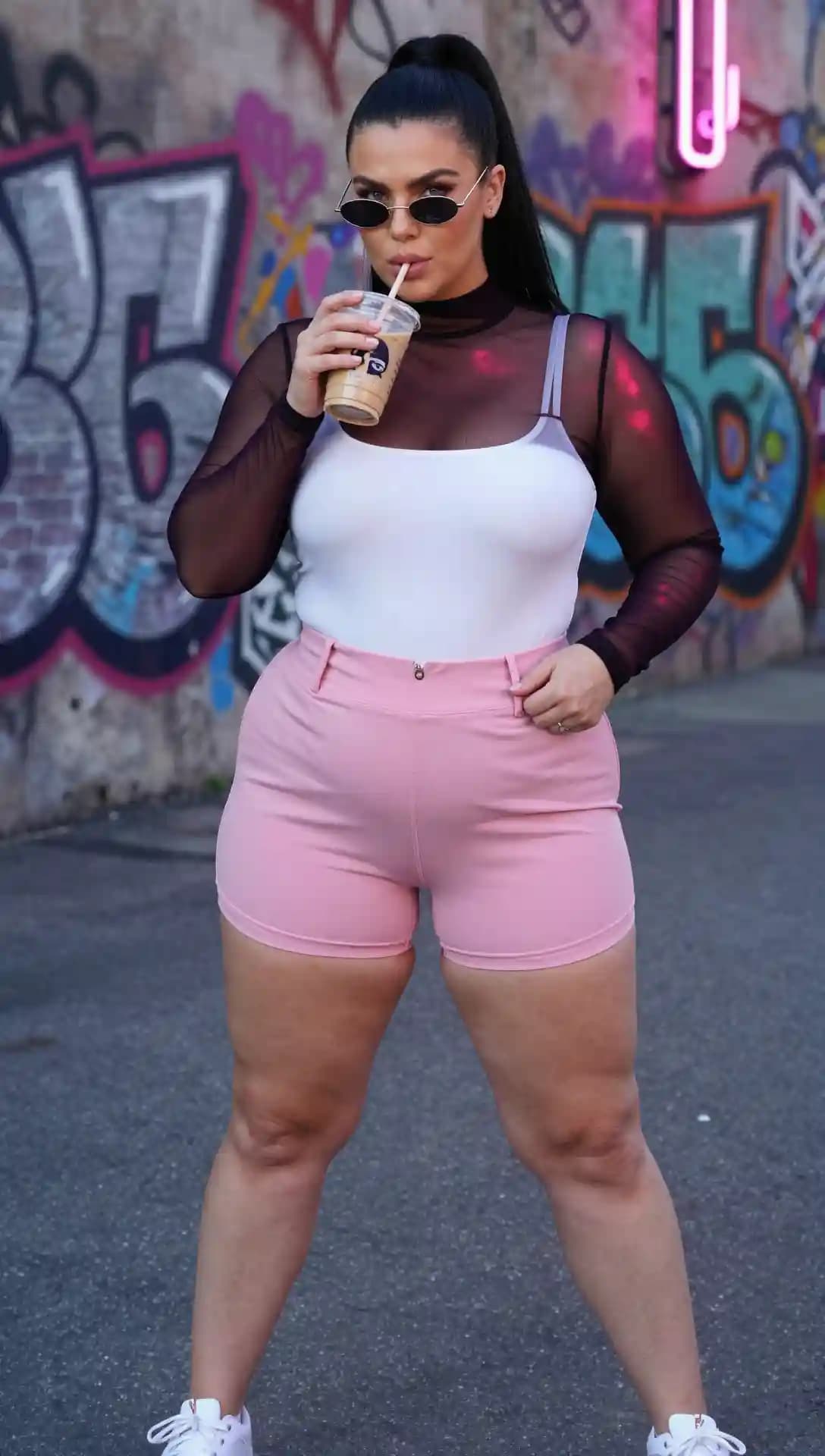 White Tank Top + Pink Cotton Shorts + Black Mesh Long Sleeve Top