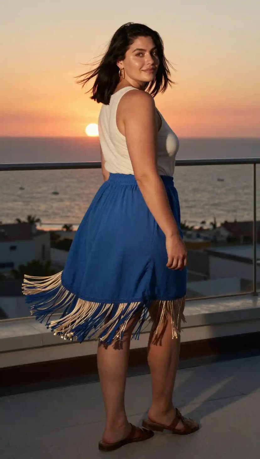 White Cotton Tank Top + Blue Cotton Mini Skirt