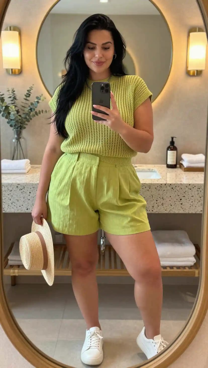 Lime Textured Knit Top + Lime Pleated Linen Shorts + White Leather Sneakers