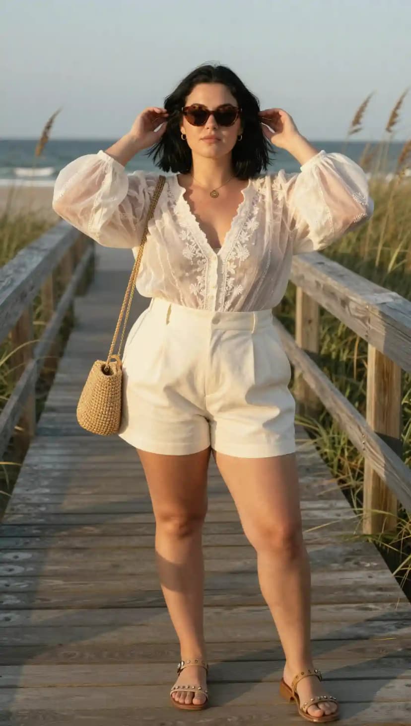 White Broderie Anglaise Blouse + Cream High-Waisted Shorts