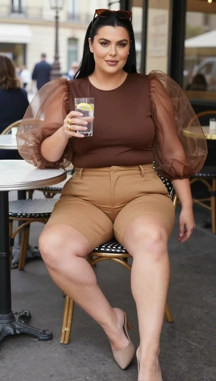 Brown Sheer Puff Sleeve Top + Camel Twill Shorts