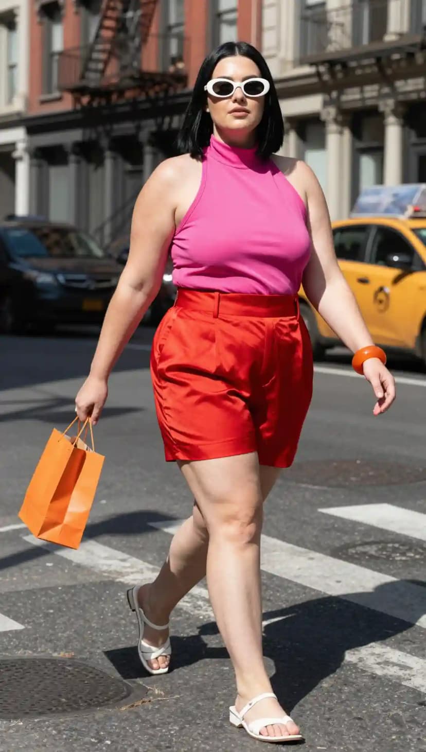 Pink Mock Neck Tank Top + Red Satin Shorts + White Flat Sandals