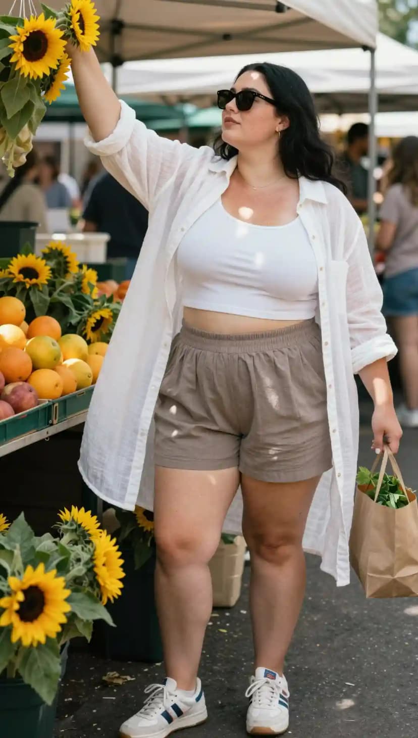 White Gauze Shirt + White Ribbed Tank Top + Taupe Linen Shorts + White Leather Sneakers