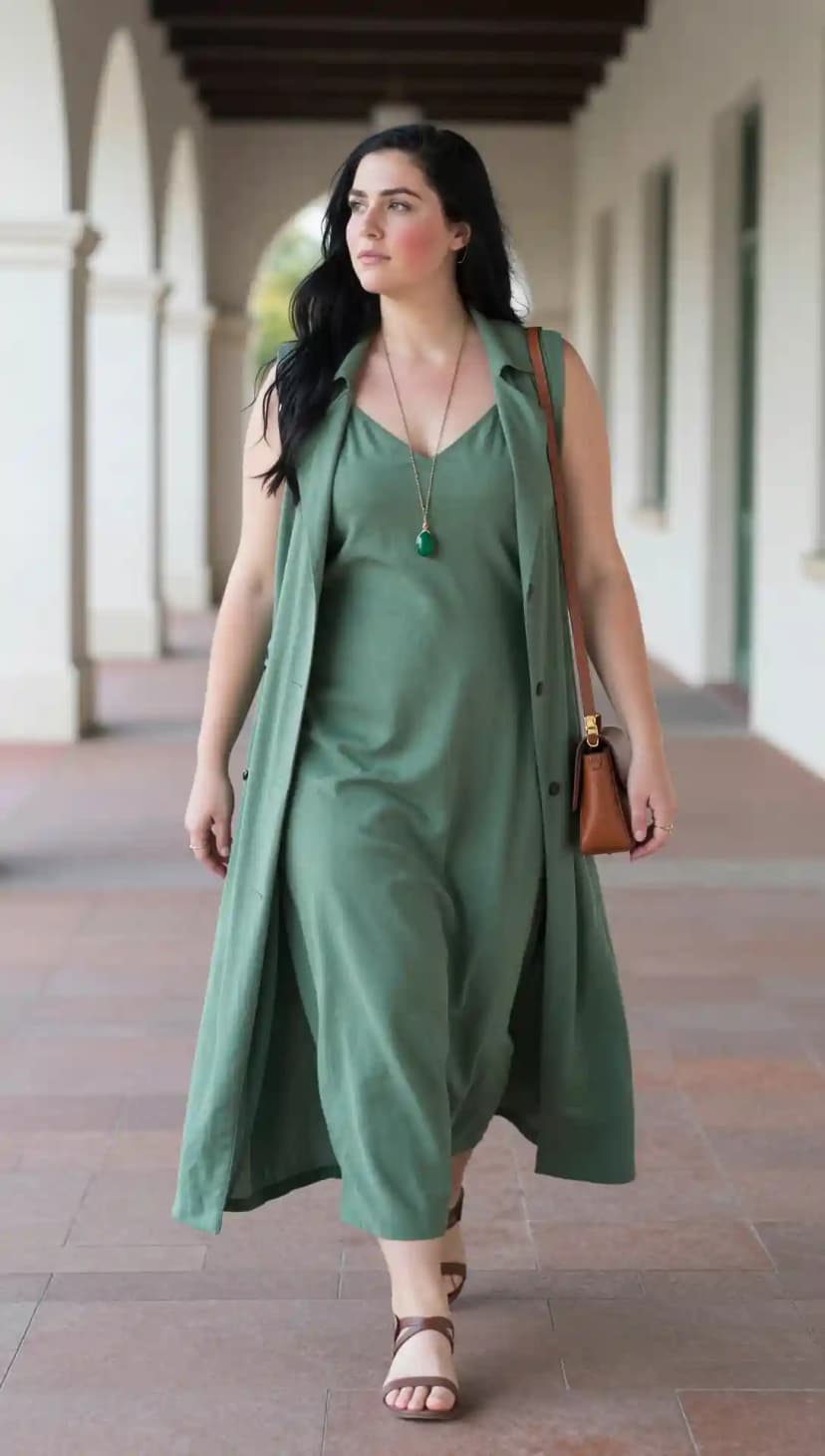Olive Green Maxi Dress + Sleeveless Duster Vest