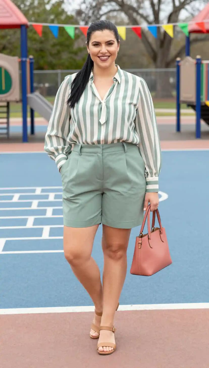 Green Striped Bow Blouse + Mint Green Pleated Shorts + Nude Block Heels
